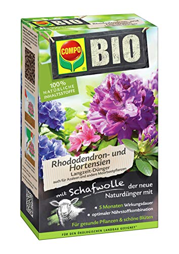 COMPO BIO Rhododendron- und Hortensiendünger, Pflanzen-Dünger für alle Rhododendren und andere Moorbeetpflanzen, 5 Monate Langzeitwirkung, 2 kg von Compo