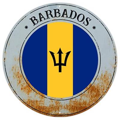 Barbados-Flagge, Aluminiumschild, Barbados, Landhaus-Souvenir, Geschenk, Retro-Vintage-Kunst, Wandschild, Nationalflagge, rundes Willkommensschild, hochwertiges Metallschild für Schlafzimmer, Hof, von CowkissSign