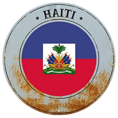 Haiti Veranda-Schild, Nationalflagge, Vintage-Metall, Wanddekoration, Haiti-Flagge, Metall-Blechschild, Wandschild, Landhaus-Souvenir, runder Türaufhänger, hochwertiges Metallschild für Wohnzimmer, von CowkissSign