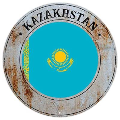 Kasachstan Flagge Wandkunst Dekor Metallschild Kasachstan Land Souvenir Geschenk Französisch Vintage Retro Metallschilder Nationalflagge Rundes Willkommensschild Qualität Metallschild für Veranda von CowkissSign