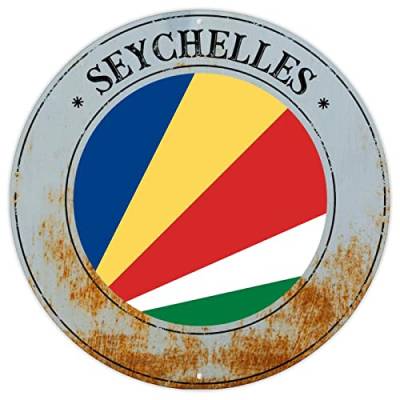 Seychellen-Flagge, Aluminiumschild, Seychellen, Land, Souvenir, Geschenk, Vintage-Metall, Wanddekoration, Nationalflagge, rund, Willkommensschild, hochwertiges Metallschild für Veranda, Küche, von CowkissSign
