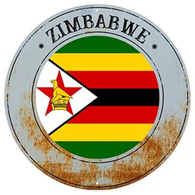 Simbabwe Metallschild Blechschild Simbabwe Nationalflagge Vintage Metall Wanddekoration Land Souvenir Rundes Schild Qualität Metallschild für Veranda Waschküche 22,9 x 22,9 cm Einweihungsgeschenk von CowkissSign