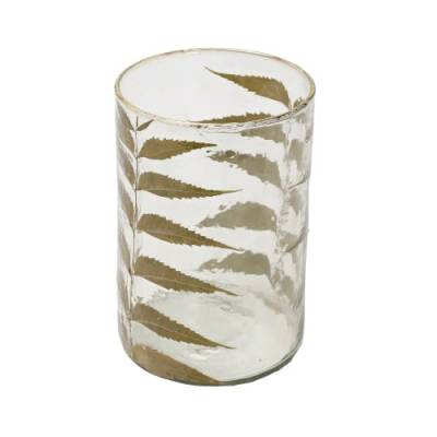 Creative Co-Op Mundgeblasener Glas-Hurricane mit eingebetteten Neemblättern und Goldfolienrand, transparent, 12,7 cm L x 12,7 cm B x 17,8 cm H von Creative Co-op