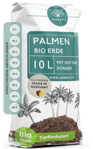 Bio Palmenerde 10 L - Blumenerde Zimmerpflanzen Erde aus 45% weniger Torf - Erde für Zimmerpflanzen mit Dünger - Zimmerpflanzenerde - Pflanzenerde Zimmerpflanzen - Erde für Pflanzen von JASKER'S