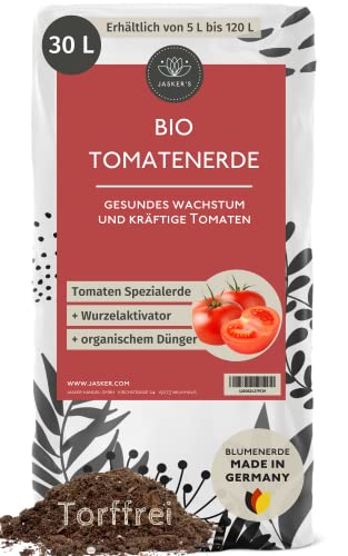 Bio Tomatenerde 30 L - 100% Torffreie Bio Erde - Mit Dünger und Wurzelaktivator - Blumenerde Tomaten und Gemüseerde - Tomatenerde torffrei - Hochbeeterde Bio von JASKER'S