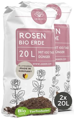 Bio Rosenerde 40 L (2x20L) - Blumenerde für Rosen aus 40% weniger Torf - Pflanzerde Rosen - Rosenerde für Kübel mit Dünger - Erde für Pflanzen - Rosen Anzucht Erde - Erde für Rosen - Rosen Erde von JASKER'S