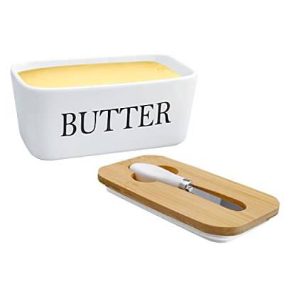 Butterdose mit Holzdeckel, Rechteckige Keramik-Butterdose luftdichte Butterdose mit Buttermesser Butterdosen Butter Dish Für 250g Butter Dose Butterbehälter mit Deckel von DAWRIS