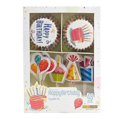 DECOCINO Muffin-Set Happy Birthday 48-tlg. - 24 Cupcake-Förmchen mit Ø 5 cm & 24 Muffin-Topper aus Papier, ideale Deko für Kinder-Geburtstage von DECOCINO