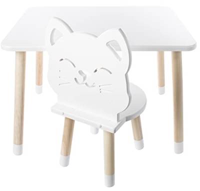 DEKORMANDA - Kindertisch mit Stühle - Kinderzimmer Möbel - EIN Stuhl in Katzenform für Kleine Tierfreunde - Weißer Tisch Kinder mit 1 Lehrstuhl - Kindertisch und Stuhlset von DEKORMANDA