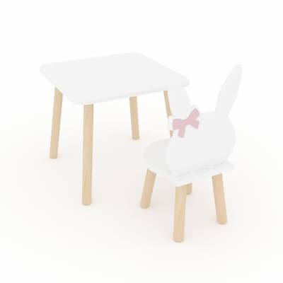 DEKORMANDA – Kindertisch mit Stuhl – Hasenförmiger Stuhl für kleine Tierfreunde – Weißer Kindertisch 50 x 50 cm mit 1 Stuhl – Kindertisch und EIN Stuhl von DEKORMANDA