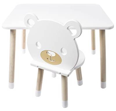 DEKORMANDA - Kindertisch mit Stuhl - Kinderzimmermöbel - Teddybärenstuhl für kleine Tierfreunde - Weißer Kindertisch mit 1 Studierstuhl - Kindertisch und Stuhlset von DEKORMANDA