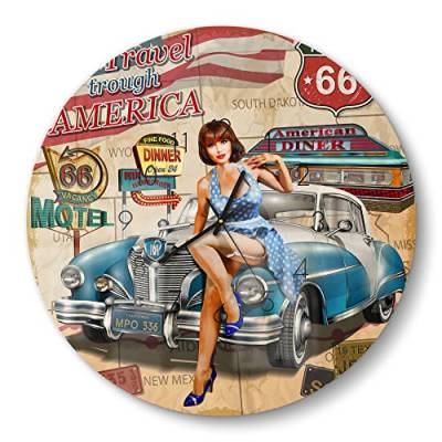 DEQORI Glasuhr | rund Ø 50 cm | Motiv Route 66-Plakat | große XXL Design Uhr aus Glas | leise Wanduhr für Wohnzimmer & Küche | Moderne Hingucker Uhr für die Wand von DEQORI