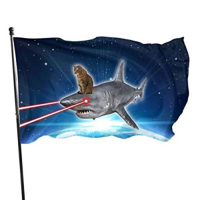 Gartenflagge Space Cat Laser Shark Lustige Flagge Polyester mit 2 Messingösen Banner Lebendige Farbe und lichtbeständig Yard Flag Outdoor Home Decor Flags 3x5 Ft von DJNGN