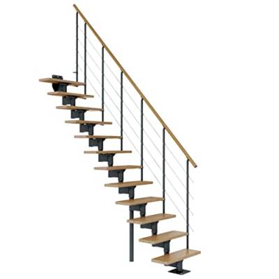 DOLLE Mittelholmtreppe - 11 Stufen - Geschosshöhe 228 – 300 cm - Geradelaufend - Stufen Eiche, lackiert - Unterkonstruktion: Anthrazit (RAL 7016) - volle Stufen 70 cm - inkl. Geländer - Nebentreppe von DOLLE