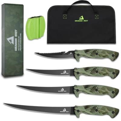 DRAGON RIOT Filetiermesser Fisch Set, Fischmesser mit Anti-Rutsch-Griff, Kochmesserset mit Mit Tasche und Messerschärfer, Full Tang Angelmesser Outdoor-Messer-Set, Geschenk für Männer von DRAGON RIOT