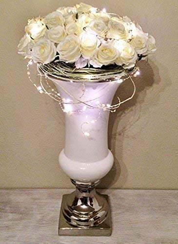 DRULINE 30 cm Keramik Vase Weiß Silber Trompetenvase Blumenvase Deko Shabby Chic -9175-30 von DRULINE