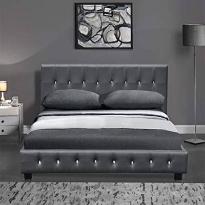 DRULINE Bett - Bett 180x200 cm - Luxusbett - Bettgestell - Polsterbett - mit Lattenrost - Kunstleder grau - mit 21 Strasssteinen von DRULINE