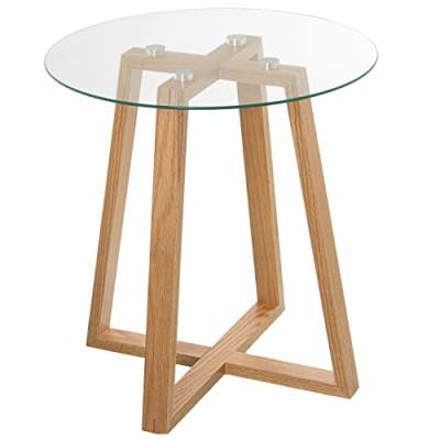 DRW Runder Beistelltisch aus Holz und Glas in Eiche und transparent 48 x 51 cm, Cristal Y Madera, nte y Roble von DRW