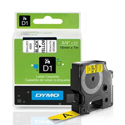 DYMO Standard D1 Etikettenband für LabelManager Etikettenhersteller, schwarzer Druck auf gelbem Klebeband, 1,9 cm B x 6,9 cm L, 1 Patrone (45808) von DYMO