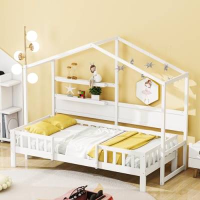 Kinderbett 90x200 cm, Schlafsofa aus Massivholz, Jungen- und Mädchenbett mit lustigem Dach und Sicherheitszaun (weiß) von Dalred