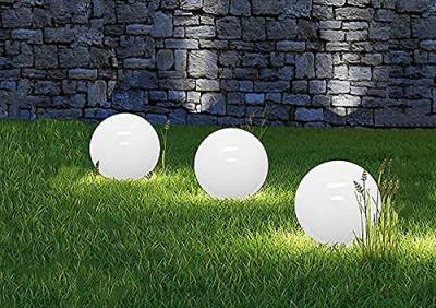 3x Solar-Kugel-Dekoleuchte OLA D:15cm Garten Dekokugel weiß mit Erdspieß Kunststoff Solar-Erdspießleuchte Boden-Wege-Lampe (Drm. 15 + 15 + 15cm) von Dapo