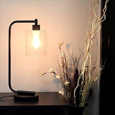 Dapo Sonderangebot Moderne LED-Tisch-Leuchte RAIK Metall schwarz H: 48cm Glasschirm klar 14,5x12,5 cm Wohnraum-Arbeits-Nachttisch-Fenster-Lampe (LED Filament 6,5 Watt) von Dapo