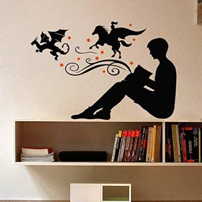 Vinyl Wandtattoo Bücher Buch Motivation Lektüre Lesen Märchen Ritter Drachen Verfolgung Gut und Böse Gute Nacht Wandaufkleber Wandsticker Wanddekoration Fototapete für Kinderzimmer Arbeitszimmer M288 von DecalStoreVienna