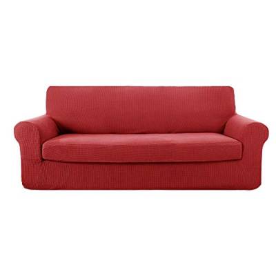 Deconovo Jacquard Sofabezug Sofaüberzug Stretch Couchbezug Couchhusse Wohnzimmer, 3-Sitzer(180-230 cm), Rot von Deconovo