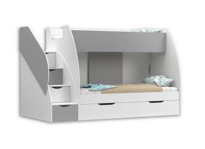 Deine Möbel 24 Etagenbett Etagenbett Funktionsbett MARGO für 2 Kinder mit Treppe weiß + grau (inkl. Lattenrost, hochbett für 2 Kinder, 80x200, optionale Matratzen), Stockbett aus Laminatplate von Deine Möbel 24