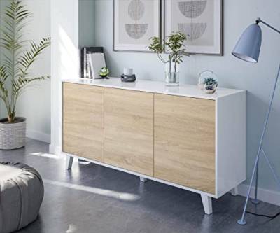 Dmora - Anrichte Arvada, Modernes Sideboard mit 3 Türen und Einlegeböden, Küchenbuffet, Wohnzimmer-Design-Buffet, 154x40h75 cm, Weiß und Eiche von Dmora