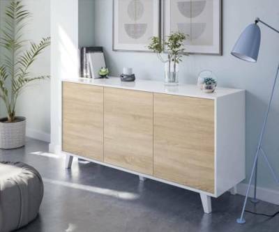 Dmora - Anrichte Arvada, Modernes Sideboard mit 3 Türen und Einlegeböden, Küchenbuffet, Wohnzimmer-Design-Buffet, 154x40h75 cm, Weiß und Eiche von Dmora