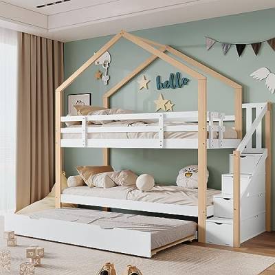 Dolamaní Etagenbett 90x200cm mit Ausziehbares Baumhausbett, Hochbett mit Schiebebett, Treppe mit 4 Schubladen, Kinderbett mit Absturzsicherung und Kinderbettgitter, mit Lattenroste (B+ ausziehbett) von Dolamaní