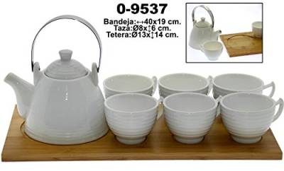 DonRegaloWeb Set mit Teekanne und 6 Tassen aus Keramik, Weiß, Tablett 40 x 19 cm von DonRegaloWeb