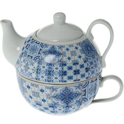 DonRegaloWeb - Set von 6 Tassen mit Teekanne aus Keramik, verziert mit verschiedenen Mustern in Weiß und Blau von DonRegaloWeb