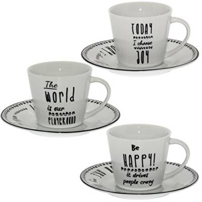 DonRegaloWeb - Set von 6 Teetassen mit Porzellanteller be Happy in Weiß und Schwarz von DonRegaloWeb