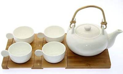 DonRegaloWeb Teekanne mit 4 Tassen aus Keramik Holz mit Teller, Weiß, Tablett 35 x 19 cm von DonRegaloWeb