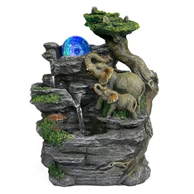 Dyna-Living Zimmerbrunnen Tischbrunnen mit Rollender Kugel, Brunnen Polyresin Springbrunnen LED-Beleuchtung Mehrfarbig, Elefant Steingarten Tischplatte Wasserbrunnen Wasserfall Brunnen von Dyna-Living