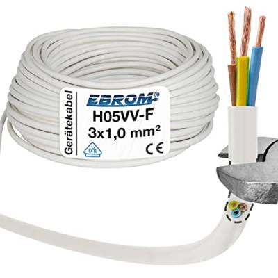 EBROM Kunststoff Schlauchleitung RUND, Kabel, Stromkabel, Leitung, Gerätekabel H05VV-F 3x1,0 mm² 3G1 mm2 - Farbe: weiß - Viele Längen in 5 Meter Schritten bis 150 Meter, Ihre Kabellänge: 10 Meter von EBROM