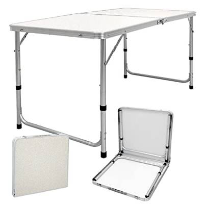 ECD Germany Campingtisch Klapptisch mit Tragegriff 120x60x55/63/70 cm Weiß Creme aus Aluminium und MDF - höhenverstellbar, klappbar - Falttisch Gartentisch Balkontisch Reisetisch Arbeitstisch Tisch von ECD Germany