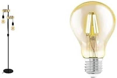 EGLO Stehlampe Townshend, Vintage Stehleuchte im Industrial Design inkl. 2 LED Leuchtmittel, Retro Standleuchte aus Stahl und Holz, Schwarz, braun, inkl. Schalter von EGLO