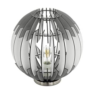 EGLO Tischlampe Cossano, 1 flammige Tischleuchte Vintage, Nachttischlampe aus Stahl und Holz, Wohnzimmerlampe in Nickel-Matt, Holz in grau und weiß, Lampe mit Schalter, E27 Fassung von EGLO