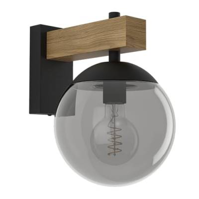 EGLO Wandlampe außen Bufalata, Außenbeleuchtung Hauswand, Außenwandleuchte aus Metall in Schwarz und Holz-Optik, Kugel aus Kunststoff in Schwarz-transparent, Wand Außenleuchte mit E27 Fassung, IP44 von EGLO