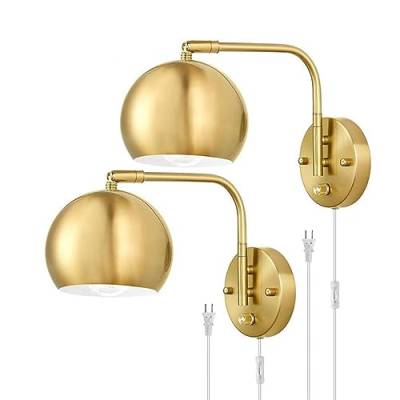 EOEO Innen Wandleuchte Dimmbar mit Schalter, E27 Verstellbare Gold Wandlampe aus Metall Nachttischlampe mit Stecker und Kabel Retro Industrial Wand Leselampe für Wohnzimmer, Schlafzimmer, Büro,2pack von EOEO