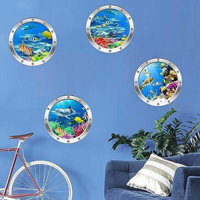 4er Wandtattoo 3D Unterwasserwelt Wandaufkleber Runder Wandaufkleber Vier Verschiedene Muster Cartoon Tier Babyzimmer Kinderzimmer Schlafzimmer Wanddeko (F) von EXQUILEG