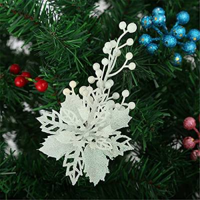 EXQULEG 12pcs Weihnachtsblumen, Glitzernde Weihnachten Blumen Künstlich Weihnachtsblumen mit Beere, Christbaumschmuck Weihnachtsbaum Kränze Ornament (Weiß) von EXQULEG