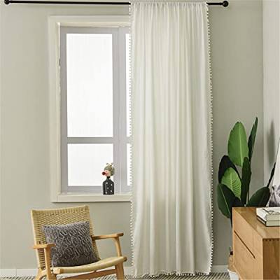 EXQULEG 1pcs Vorhänge Boho Voile Vorhang mit Pompons Transparent Baumwolle und Leinen Chic Gardine für Wohnzimmer Schlafzimmer (Weiß,140 * 240cm) von EXQULEG