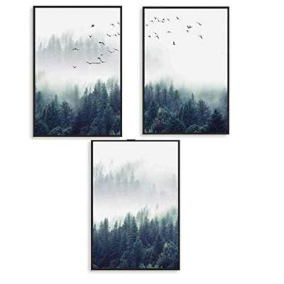 EXQULEG 3er Set Design-Poster Wandbilder-Wald und Vögel im Nebel-Ohne Rahmen- Deko für Wohnzimmer, Sofa, Veranda, Gang (50x70cm) von EXQULEG