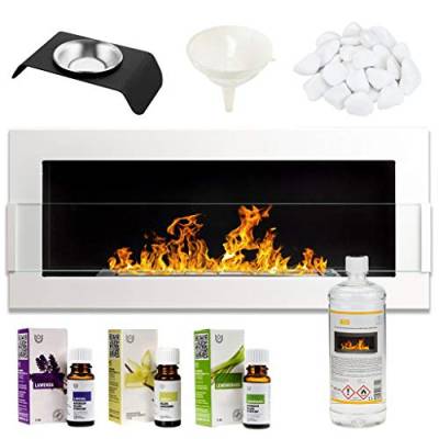 GMT Bioethanol Eco Rauchfreier Kamin weiß 90x40cm mit Schutzglas Innen dekorativer Wand- oder Einbaufeuer Kaminofen Einfache Montage mit Bio-Flüssigkeit Brennstoff & Steinen & Aromaölen von EasyParts