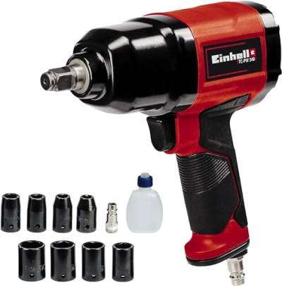 Einhell Druckluft-Schlagschrauber TC-PW 340 (max. Drehmoment 340 Nm, Links-/Rechtslauf, gummierter Griff, inkl. 8 Stecknüsse, Ölflasche (leer), Stecknippel) von Einhell