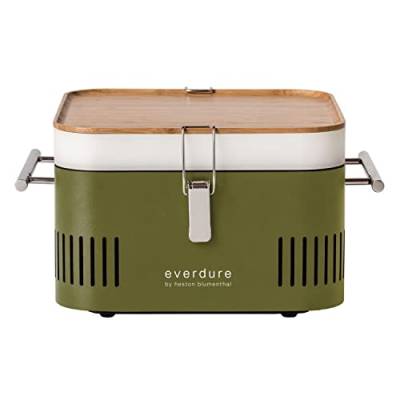 everdure by heston blumenthal Holzkohlegrill CUBE I mobiler Outdoor-Gril in Kakil I tragbarer Gourmet-Grill mit porzellanemaillierter Grillwanne I Camping-Grill mit Stauraum & Schneidebrett von Everdure